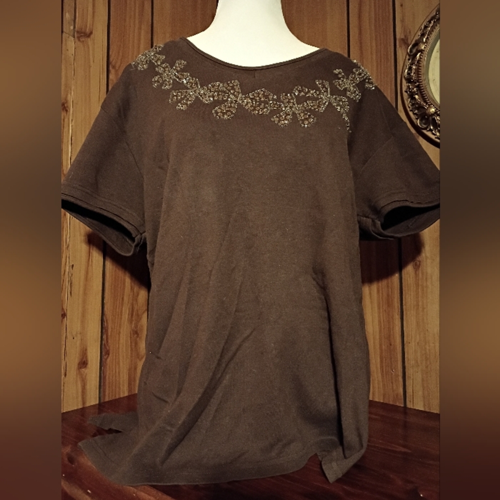 Uniti Casual Brown Embroidered Short Sleeve Top